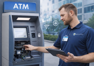 VI Banking service technician repairing a retail ATM machines' MagTek card reader