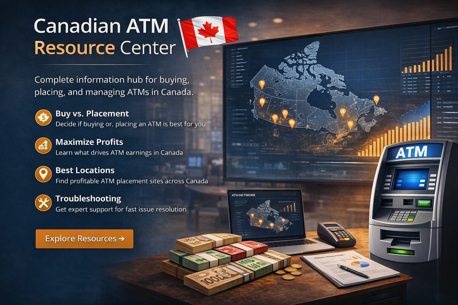 Canadian ATM resource center showing ATM data, placement locations, profitability insights, and business tools in Canada